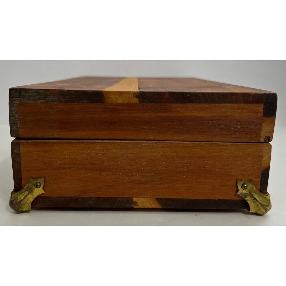 Vintage Wooden Cedar Jewelry Trinket Storage Box Metal Hinges & Feet 11.25"x3" - Picture 2 of 9